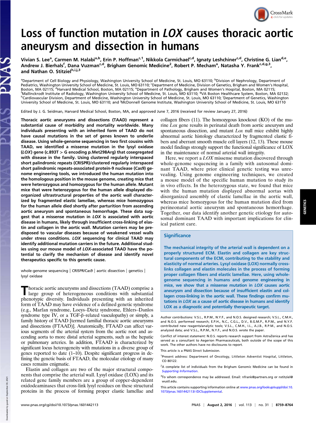 Loss of Function Mutation in LOX Causes Thoracic Aortic Aneurysm and Dissection in Humans