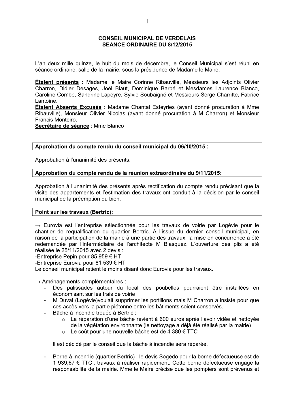 Conseil Municipal De Verdelais Seance Ordinaire Du 8/12/2015