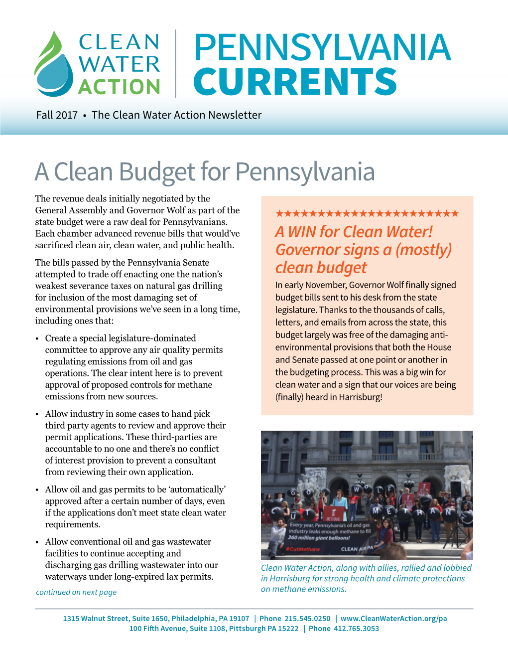 Pennsylvania Currents Fall 2017 • the Clean Water Action Newsletter