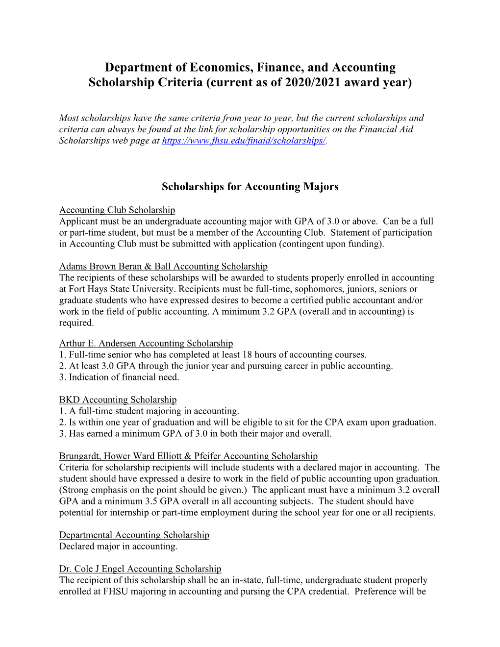 Department of Economics, Finance, and Accounting Scholarship Criteria (Current As of 2020/2021 Award Year)