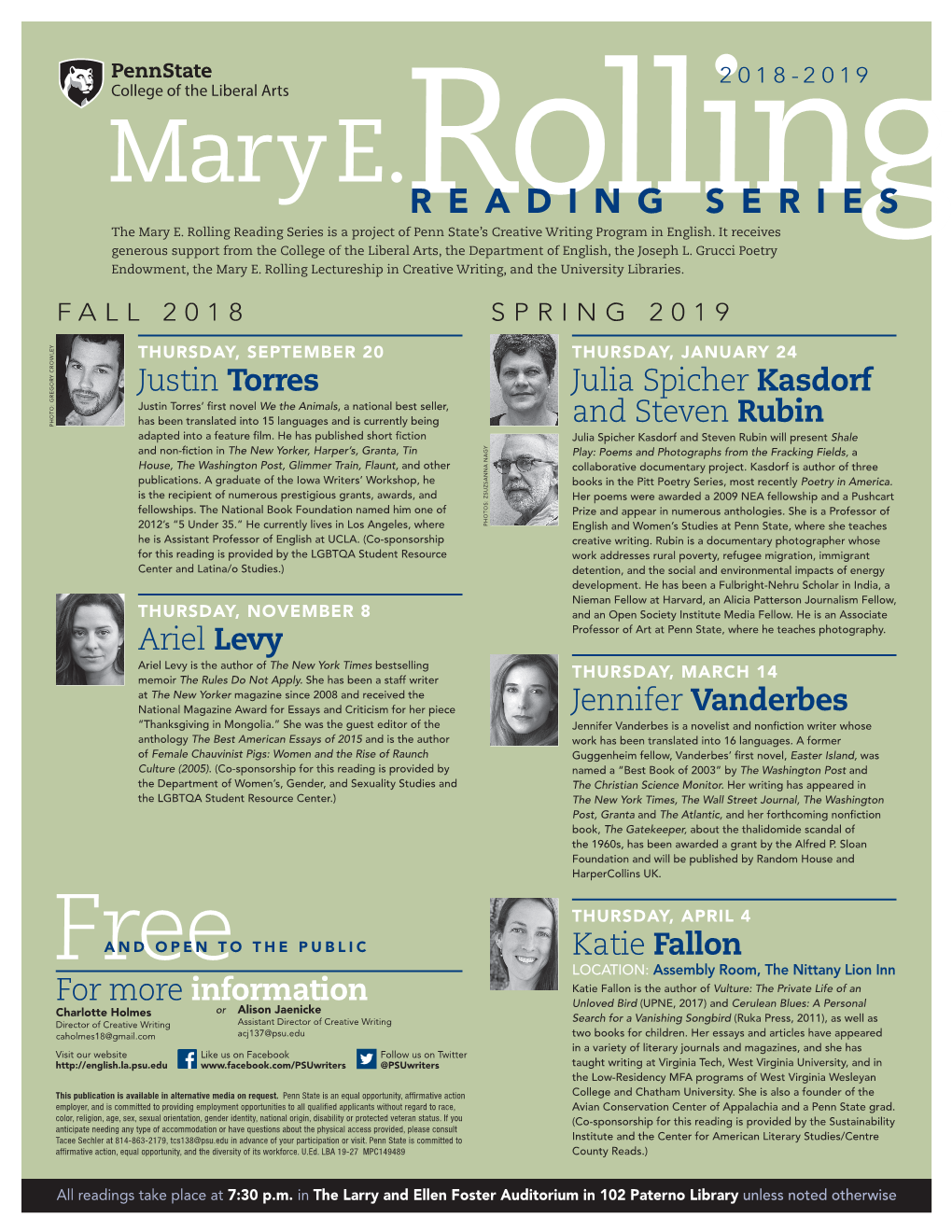 Mary E. Rolling Reading Series Is a Project Ofrolling Penn State’S Creative Writing Program in English