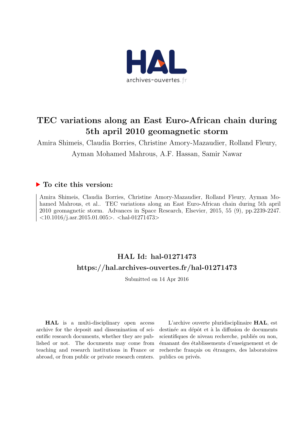 TEC Variations Along an East Euro-African Chain During 5Th April