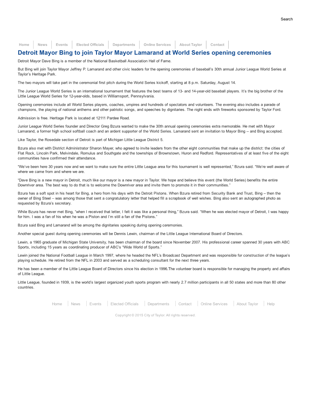 Detroit Mayor Bing to Join Taylor Mayor Lamarand at World Series Opening Ceremonies