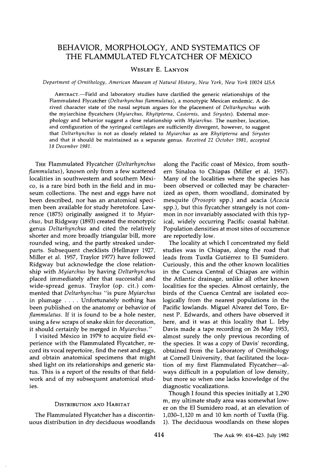 Behavior, Morphology, and Systematics of the Flammulated Flycatcher of Mxico