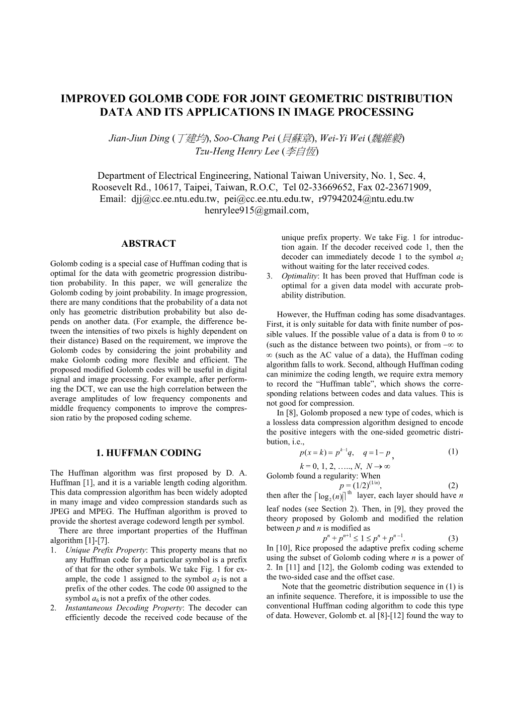 Improved Golomb Code for Joint Geometric Distribution Data and Its Applications in Image Processing