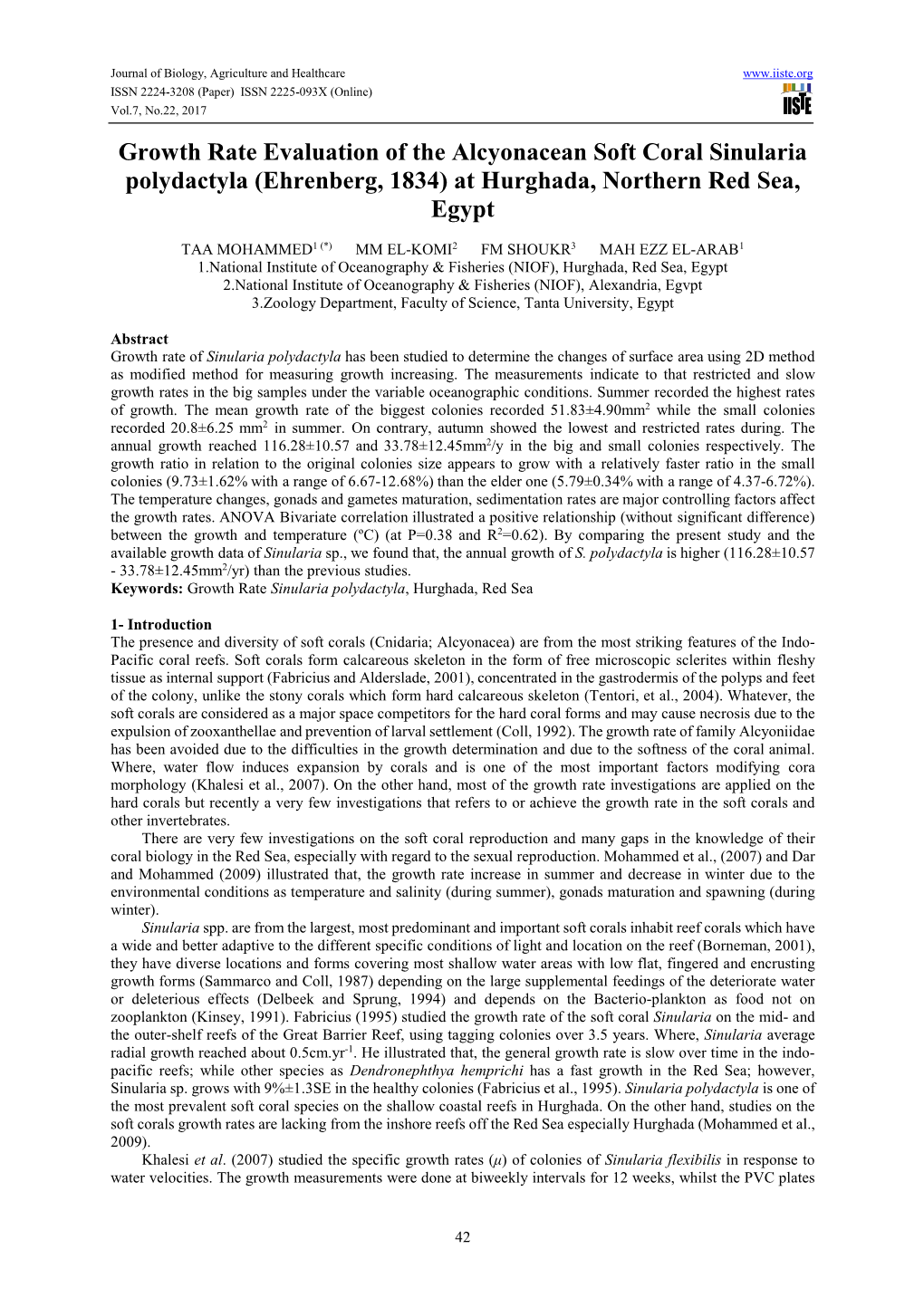 Growth Rate Evaluation of the Alcyonacean Soft Coral Sinularia Polydactyla (Ehrenberg, 1834) at Hurghada, Northern Red Sea, Egypt