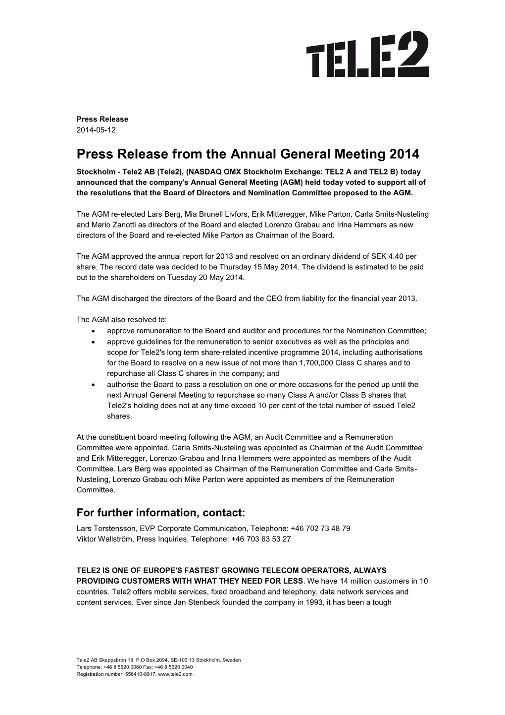 Tele2 Press Release from the Annual General Meeting 2014 Eng