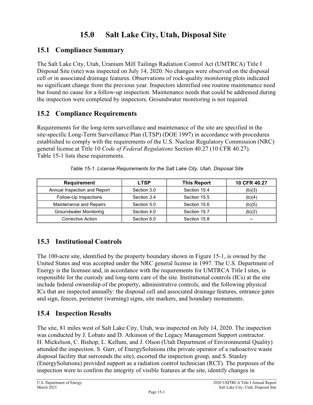 2020 Annual Site Inspection and Monitoring Report for Uranium Mill Tailings Radiation Control Act Title I Disposal Sites