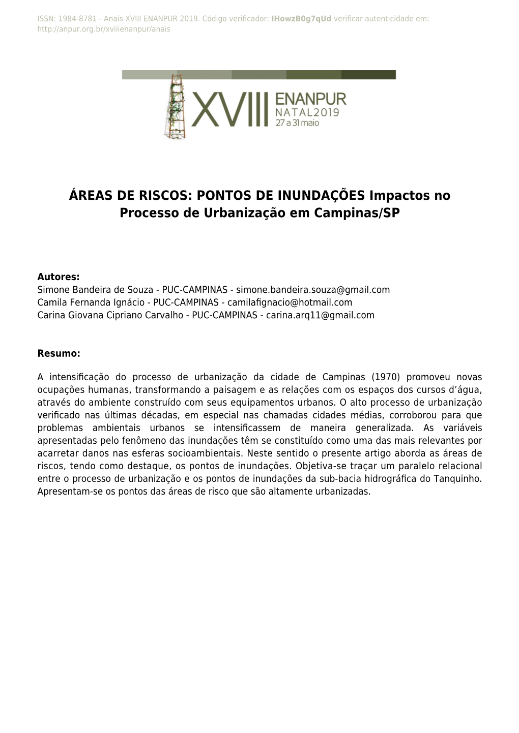 ÁREAS DE RISCOS: PONTOS DE INUNDAÇÕES Impactos No Processo De Urbanização Em Campinas/SP