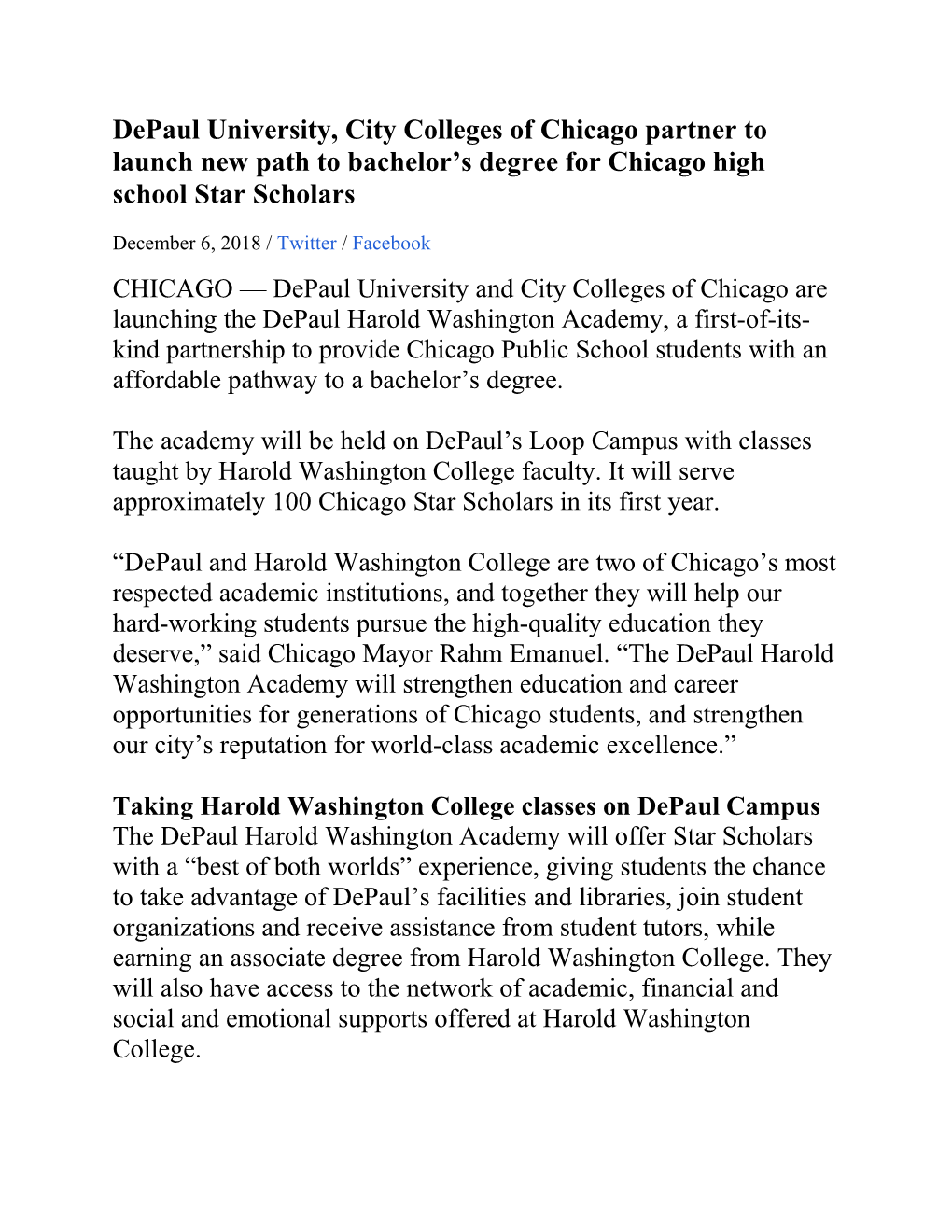 Depaul University, City Colleges of Chicago Partner to Launch New Path to Bachelor’S Degree for Chicago High School Star Scholars