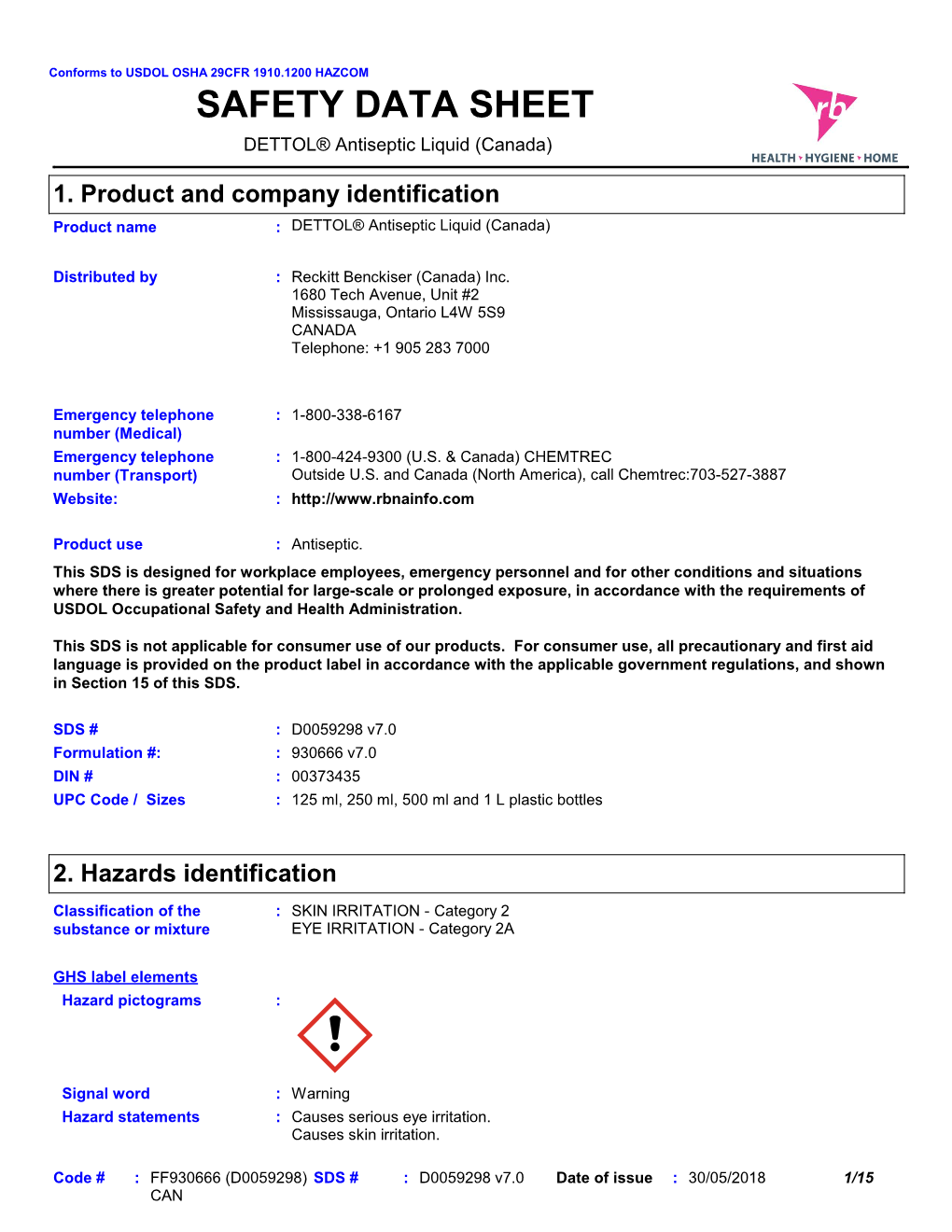 SAFETY DATA SHEET DETTOL® Antiseptic Liquid (Canada)