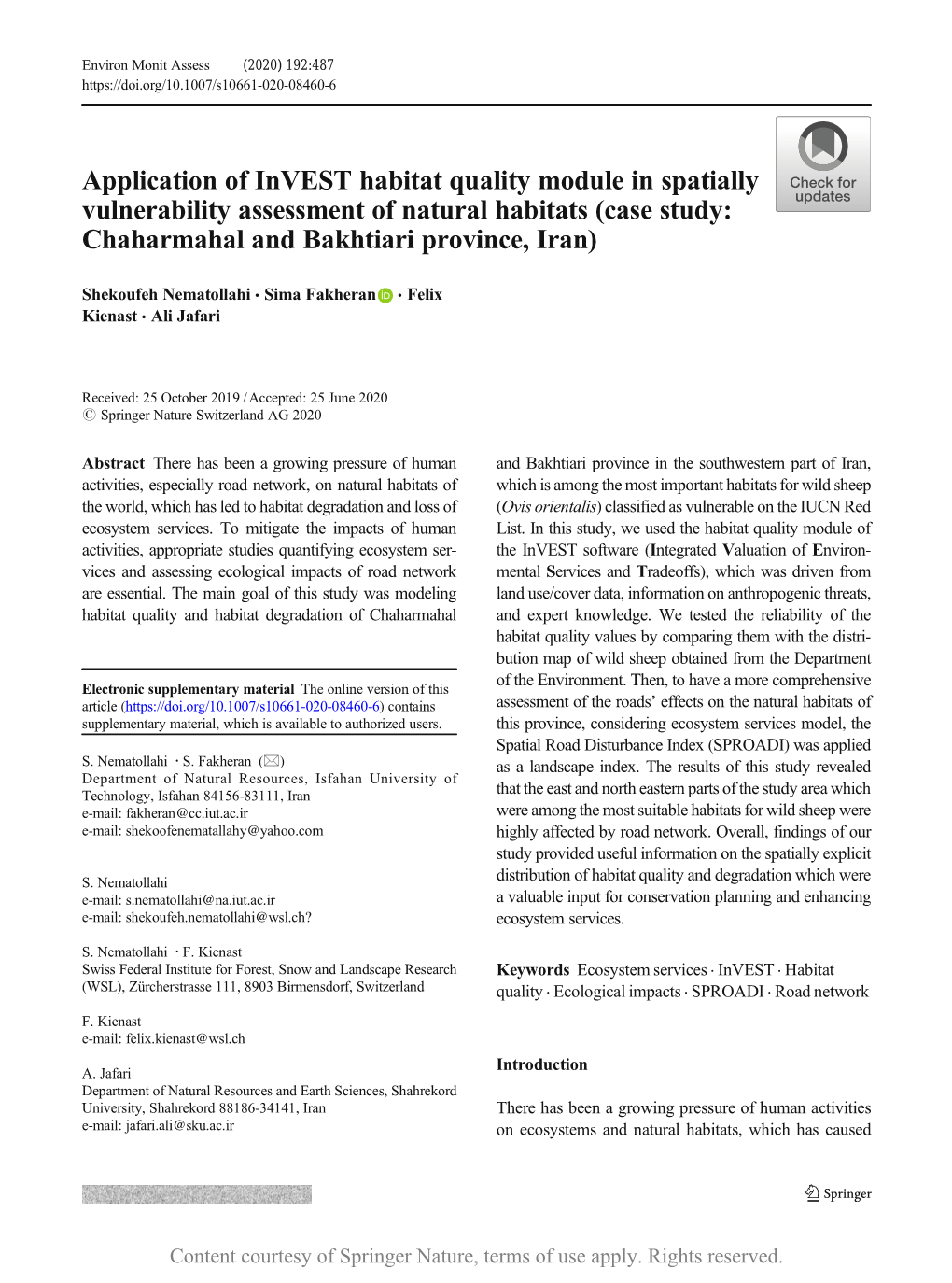 Application of Invest Habitat Quality Module in Spatially Vulnerability Assessment of Natural Habitats (Case Study: Chaharmahal and Bakhtiari Province, Iran)