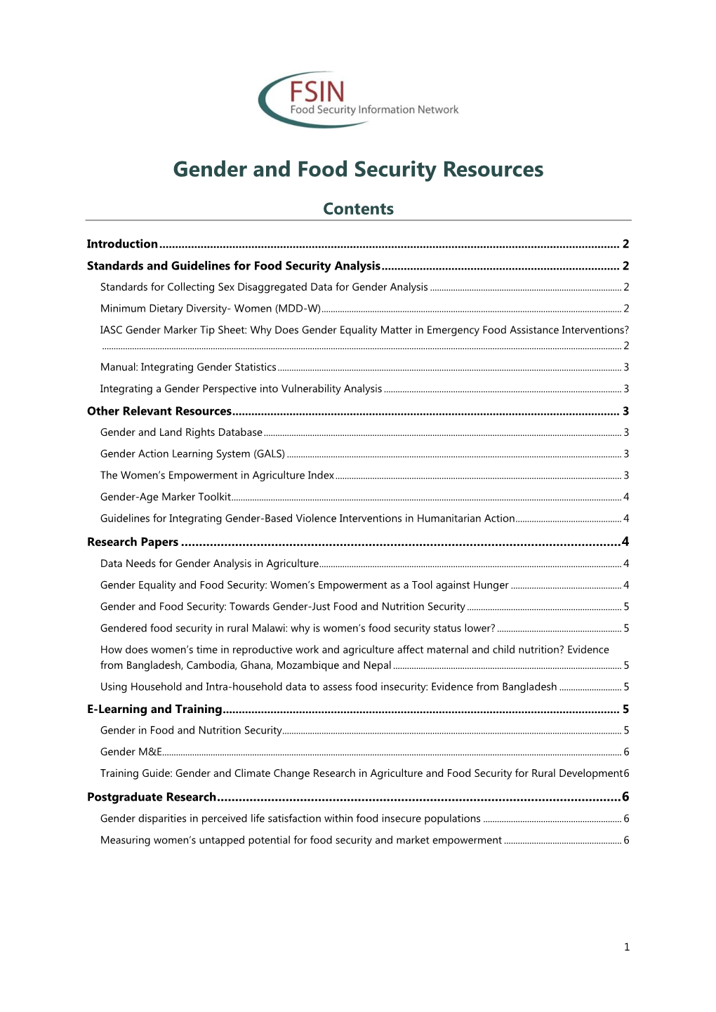 Gender and Food Security Resources