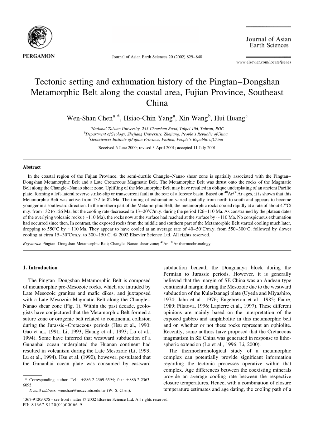 Tectonic Setting and Exhumation History of the Pingtan±Dongshan Metamorphic Belt Along the Coastal Area, Fujian Province, Southeast China