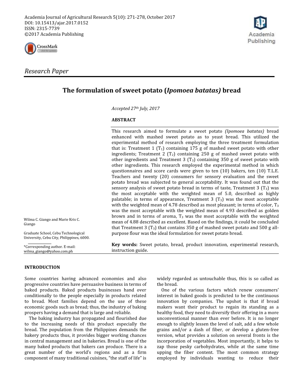 Research Paper the Formulation of Sweet Potato (Ipomoea Batatas) Bread