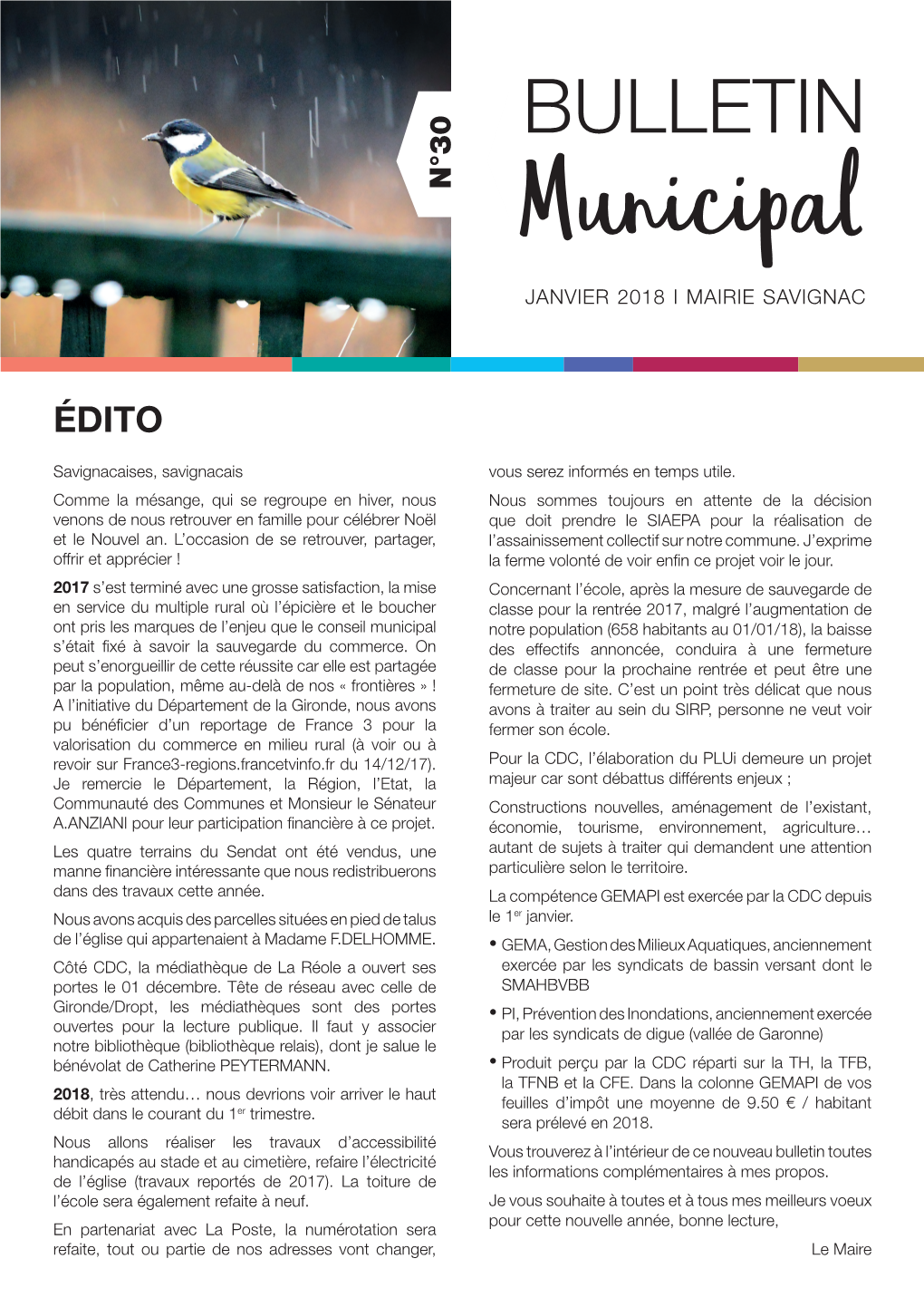 BULLETIN N°30 Municipal JANVIER 2018 I MAIRIE SAVIGNAC