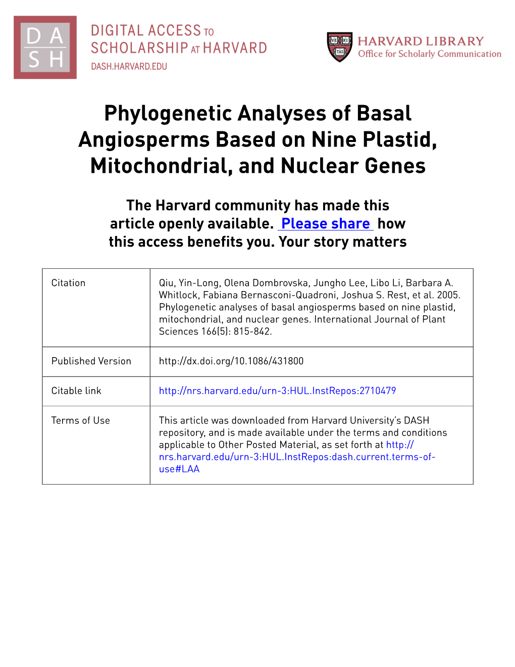 Phylogenetic Analyses of Basal Angiosperms Based on Nine Plastid, Mitochondrial, and Nuclear Genes