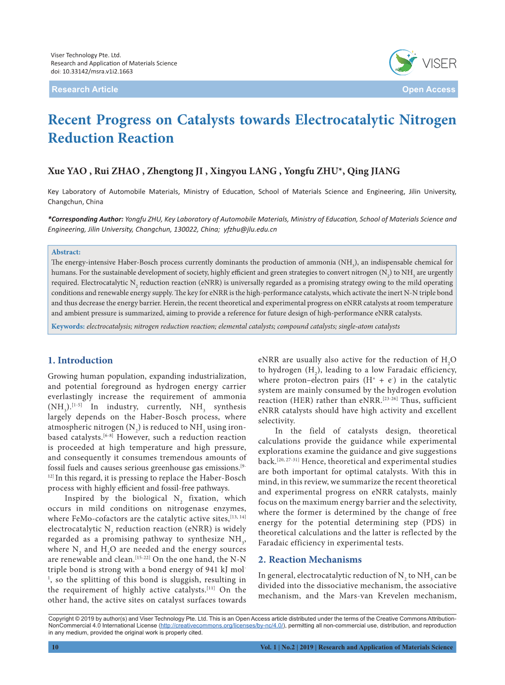 Recent Progress on Catalysts Towards Electrocatalytic Nitrogen Reduction Reaction