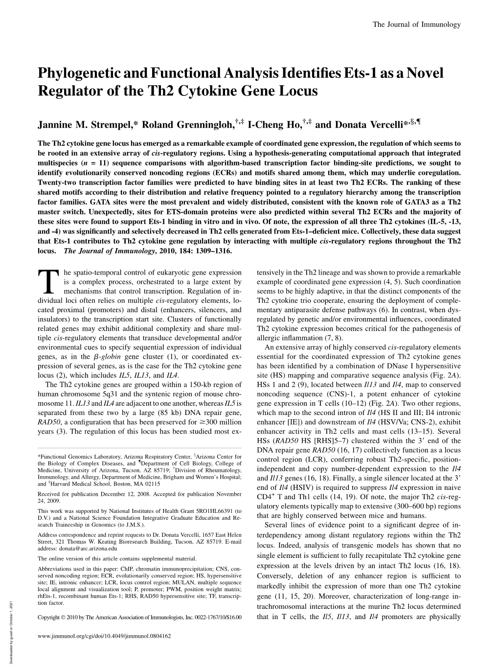 Th2 Cytokine Gene Locus Identifies Ets-1 As a Novel Regulator of the Phylogenetic and Functional Analysis