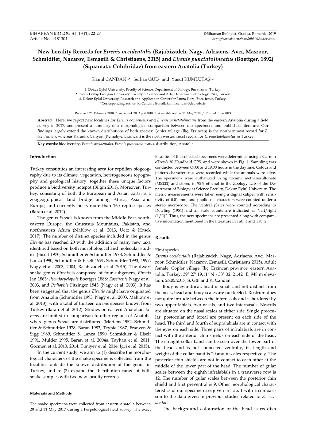 New Locality Records for Eirenis Occidentalis and Eirenis