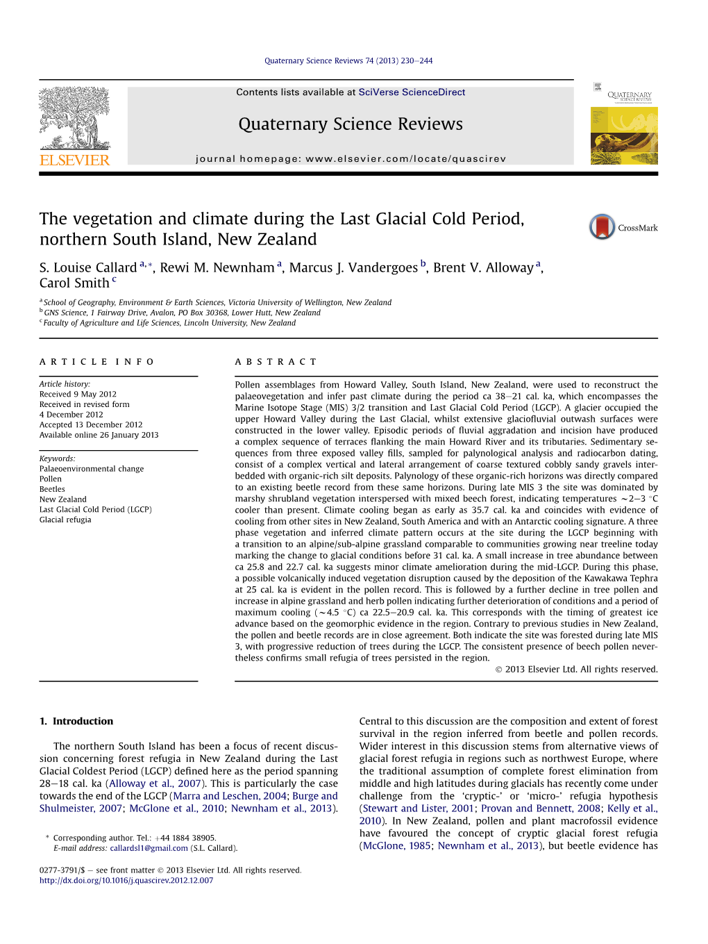 The Vegetation and Climate During the Last Glacial Cold Period, Northern South Island, New Zealand