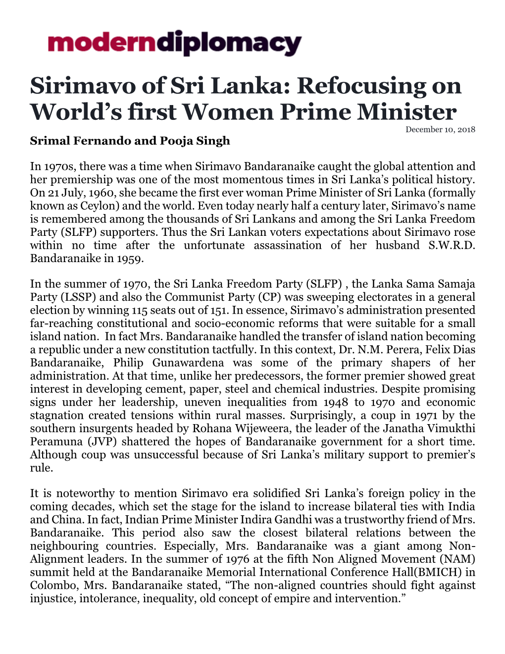 Sirimavo of Sri Lanka: Refocusing on World's First Women Prime Minister