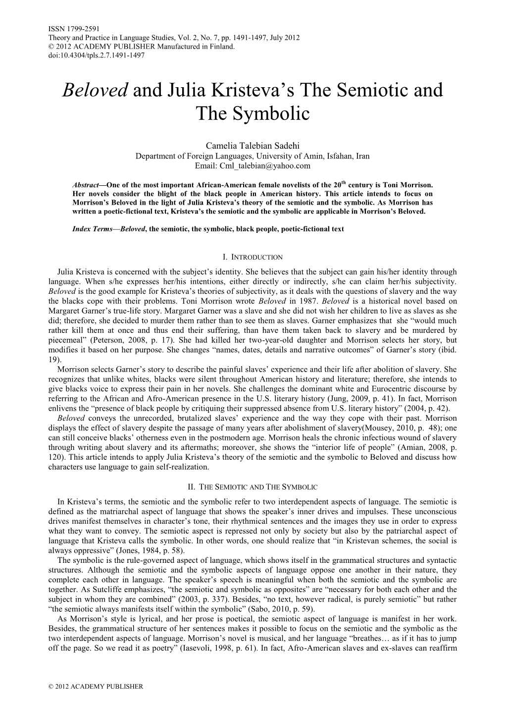 Beloved and Julia Kristeva's the Semiotic and the Symbolic