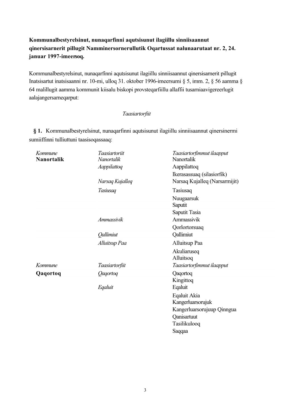 Kommunalbestyrelsinut, Nunaqarfinni Aqutsisunut Ilagiillu Sinniisaannut Qinersisarnerit Pillugit Namminersornerullutik Oqartussat Nalunaarutaat Nr