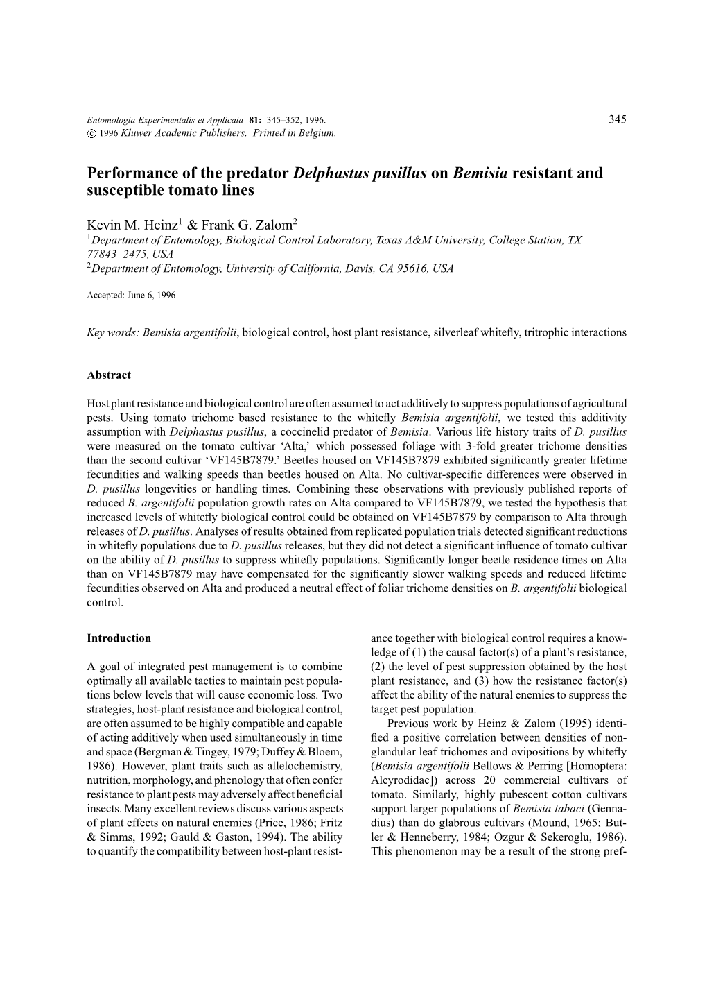 Performance of the Predator Delphastus Pusillus on Bemisia Resistant and Susceptible Tomato Lines