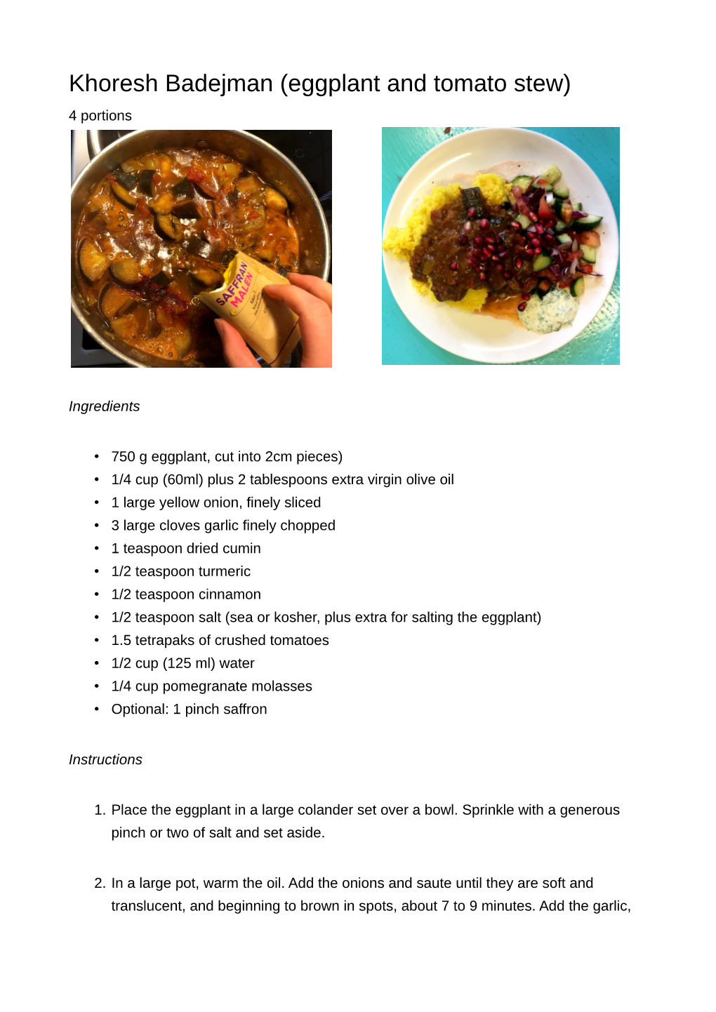 Khoresh Badejman (Eggplant and Tomato Stew) 4 Portions