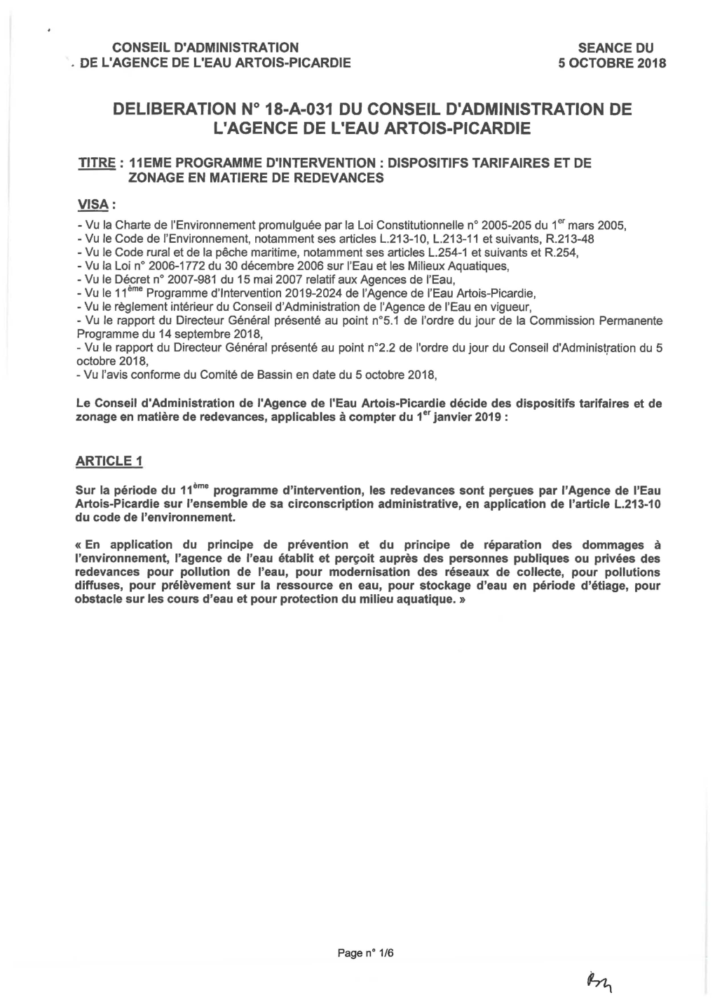 Deliberation N° 18-A-031 Du Conseil D1administration De L1agence De L1eau Artois-Picardie