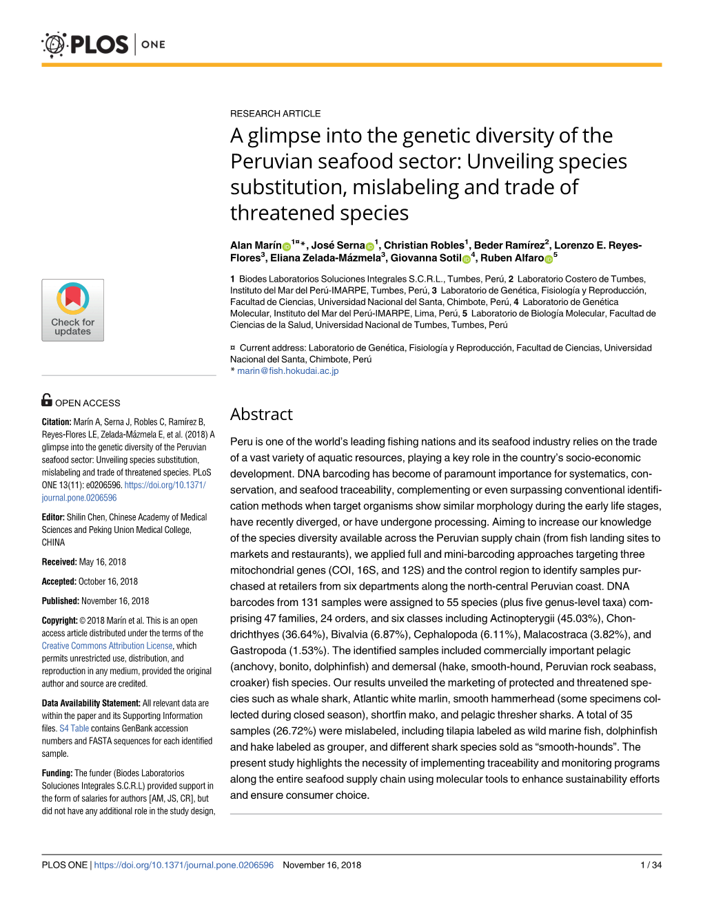 A Glimpse Into the Genetic Diversity of the Peruvian Seafood Sector: Unveiling Species Substitution, Mislabeling and Trade of Threatened Species