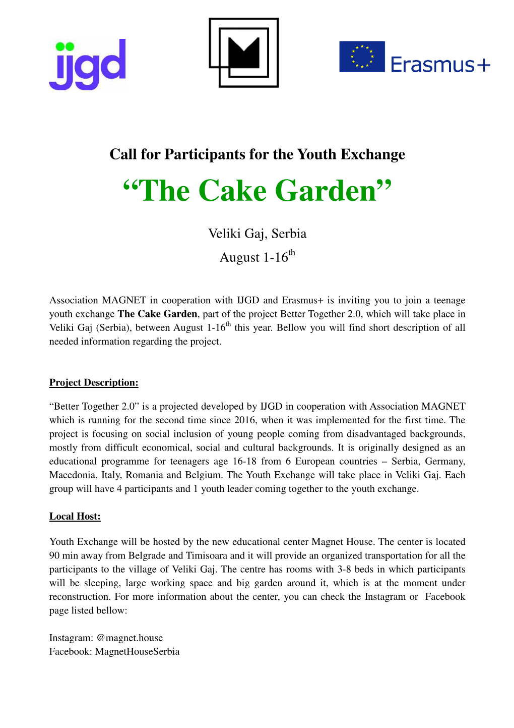 Call for Participants for Youth Exchange the Cake Garden 01