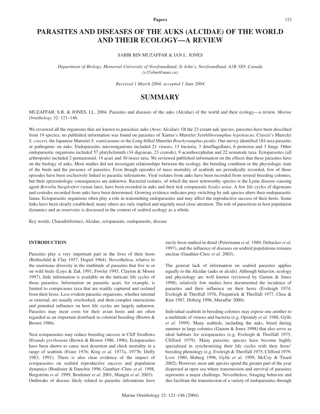 Parasites and Diseases of the Auks (Alcidae) of the World and Their Ecology—A Review