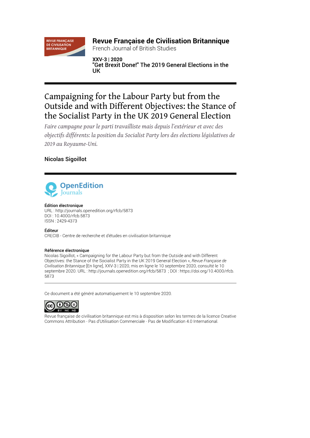 Revue Française De Civilisation Britannique, XXV-3 | 2020 Campaigning for the Labour Party but from the Outside and with Different Obje