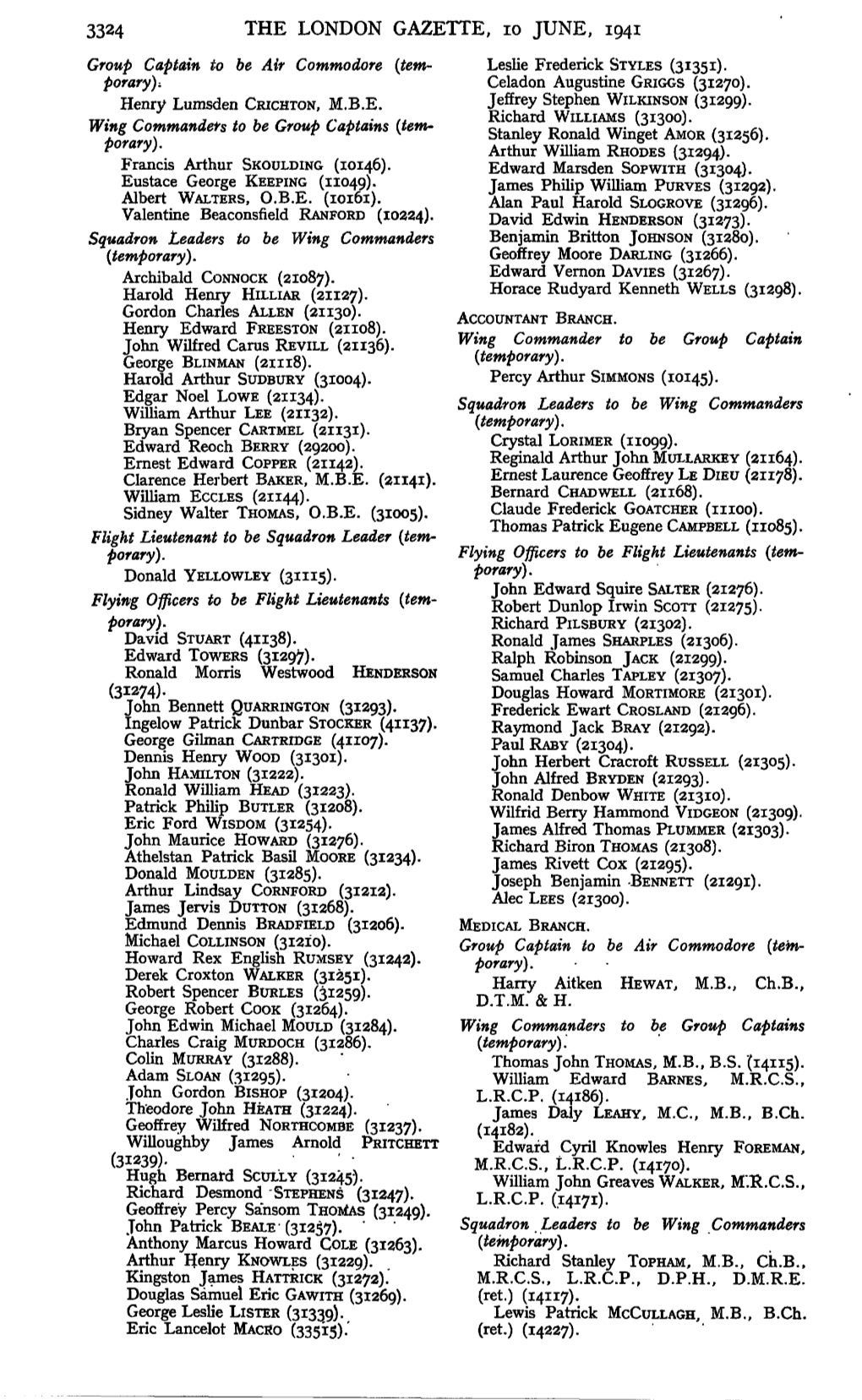 3324 the LONDON GAZETTE, 10 JUNE, 1941 Group Captain to Be Air Commodore (Tem- Leslie Frederick STYLES (31351)