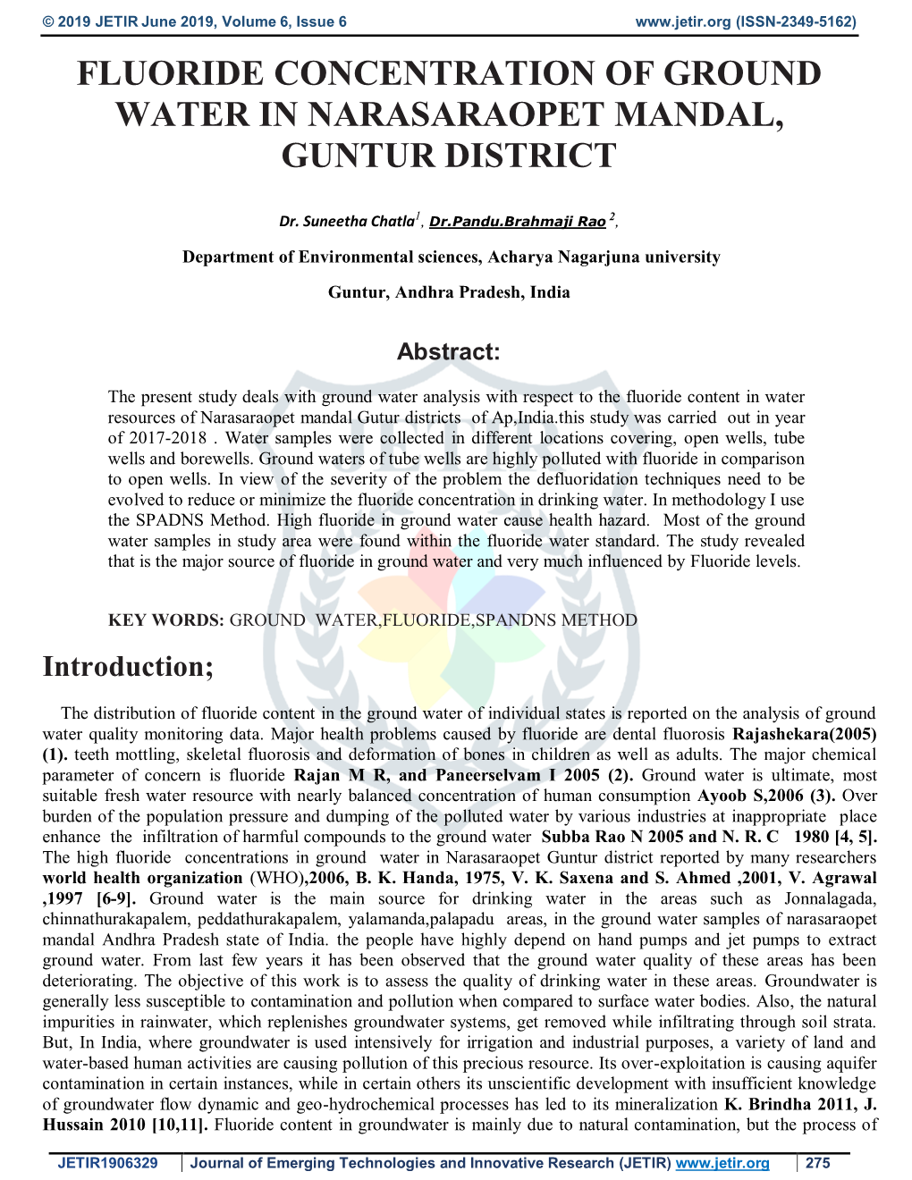 Fluoride Concentration of Ground Water in Narasaraopet Mandal, Guntur District