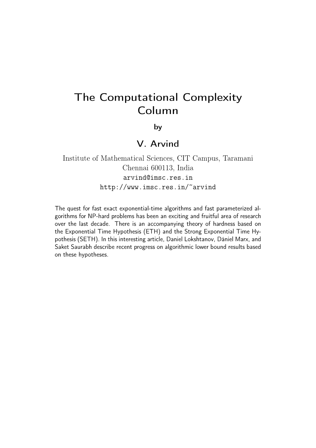 The Computational Complexity Column by V