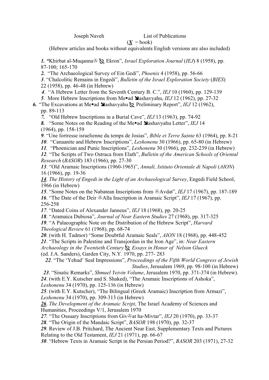 Joseph Naveh List of Publications (X = Book) (Hebrew Articles and Books Without Equivalents English Versions Are Also Included)