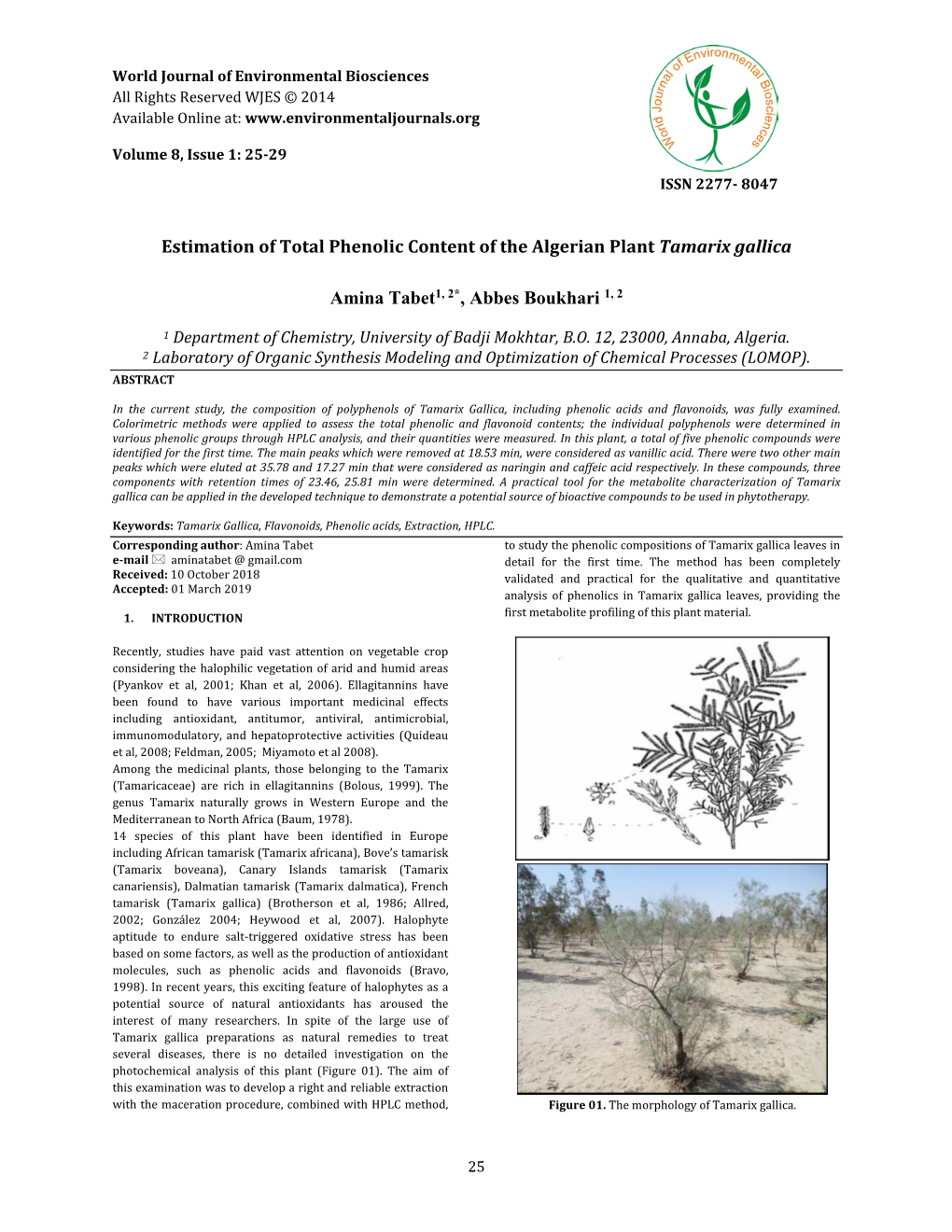 Estimation of Total Phenolic Content of the Algerian Plant Tamarix Gallica