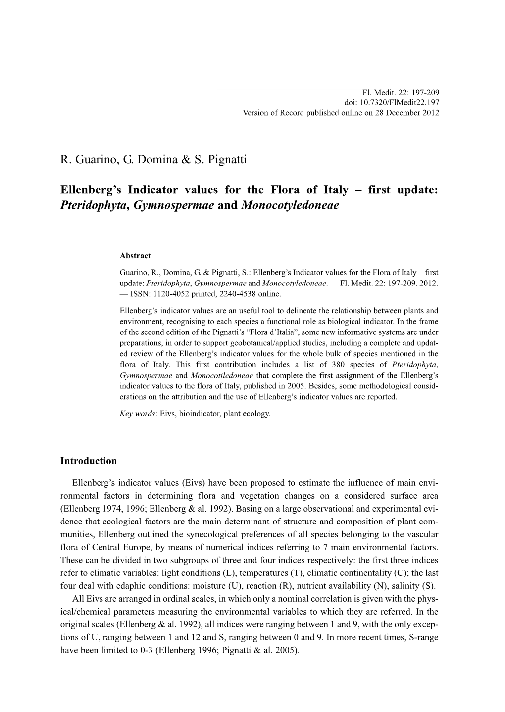 R. Guarino, G. Domina & S. Pignatti Ellenberg's Indicator Values for The