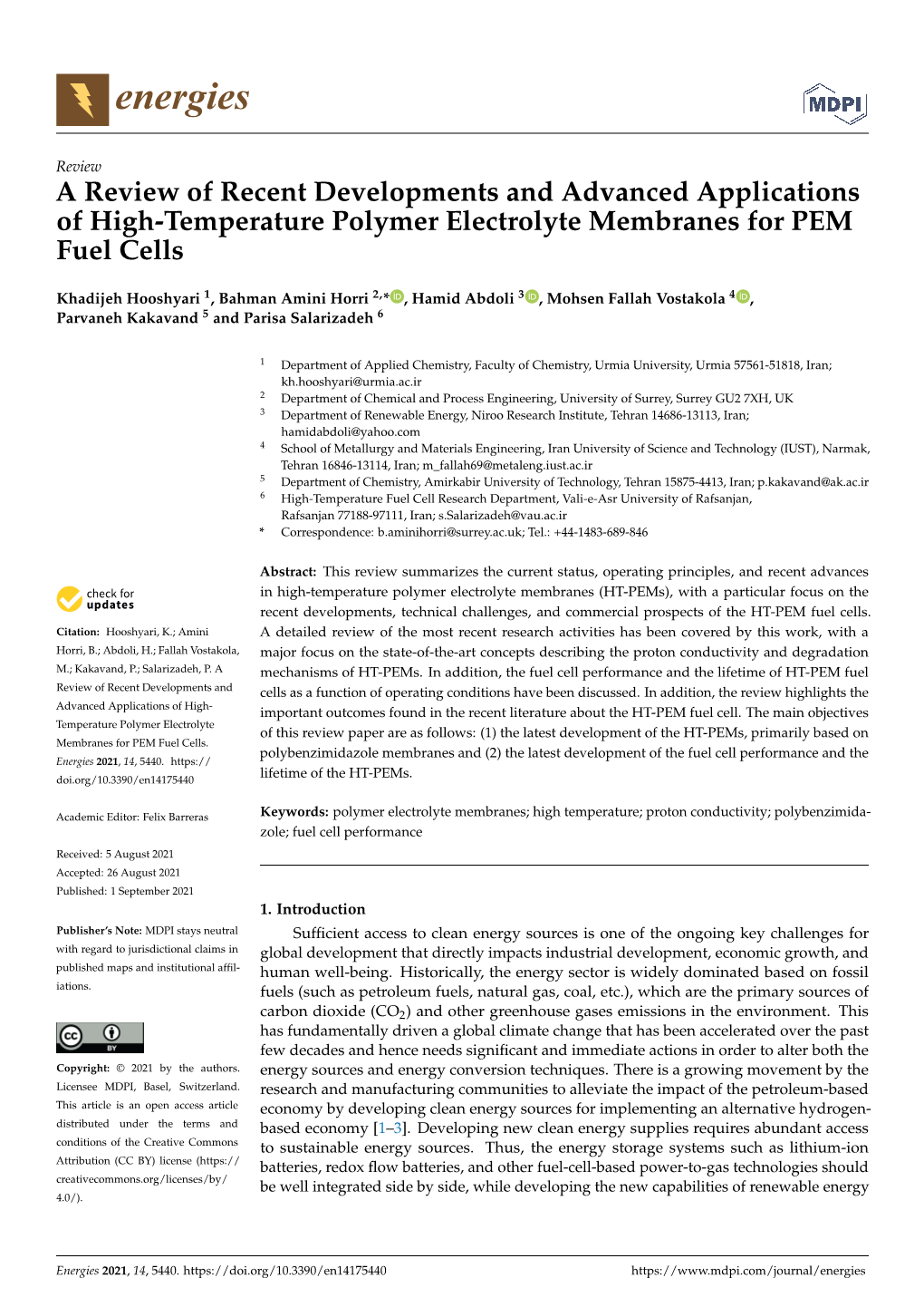 A Review of Recent Developments and Advanced Applications of High-Temperature Polymer Electrolyte Membranes for PEM Fuel Cells