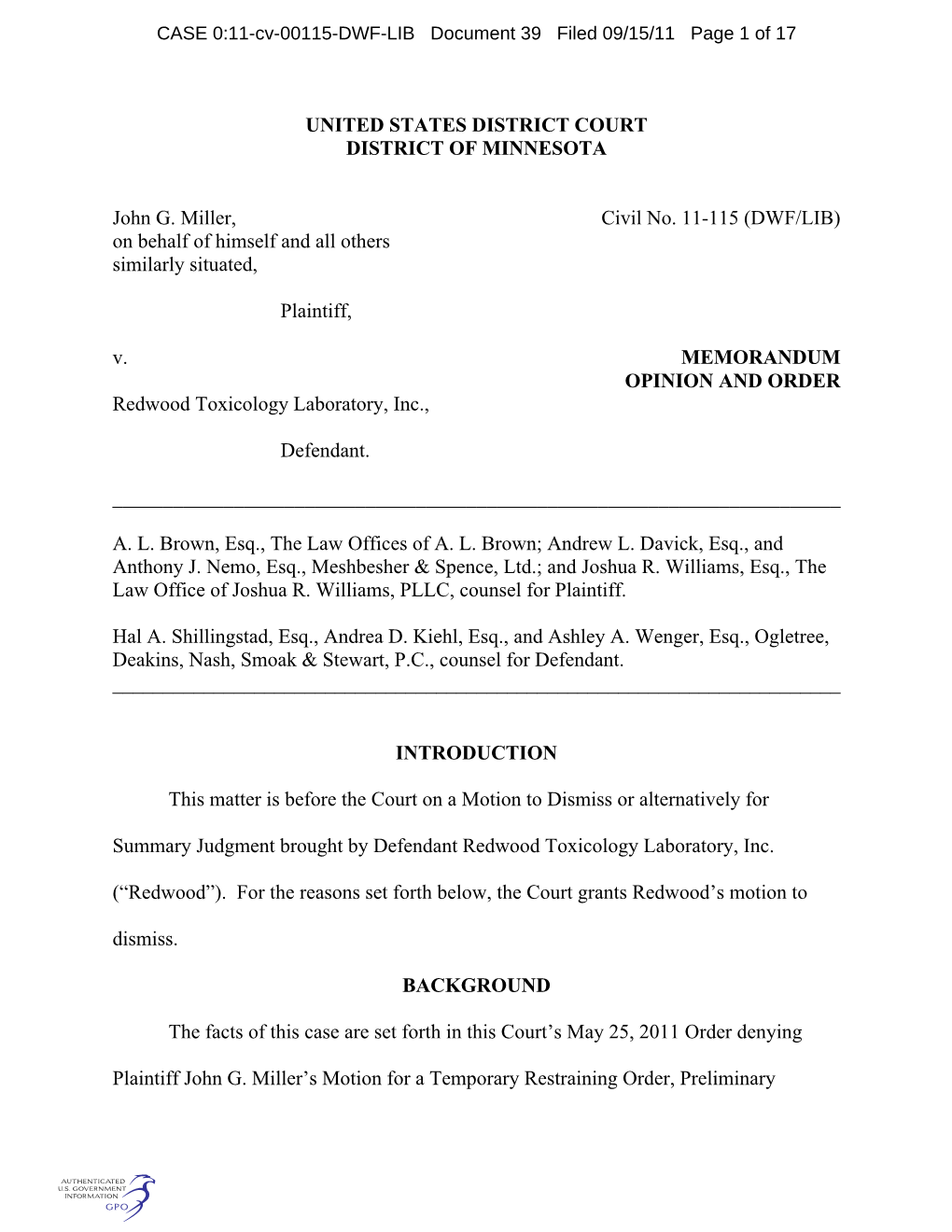 CASE 0:11-Cv-00115-DWF-LIB Document 39 Filed 09/15/11 Page 1 of 17