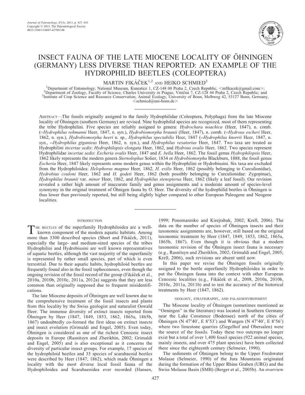 Insect Fauna of the Late Miocene Locality of ¨Ohningen (Germany) Less Diverse Than Reported: an Example of the Hydrophilid Beet