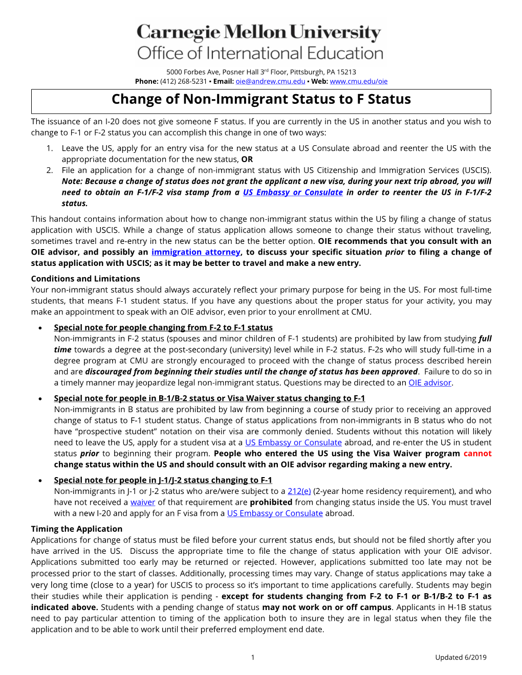 Change of Non-Immigrant Status to F Status