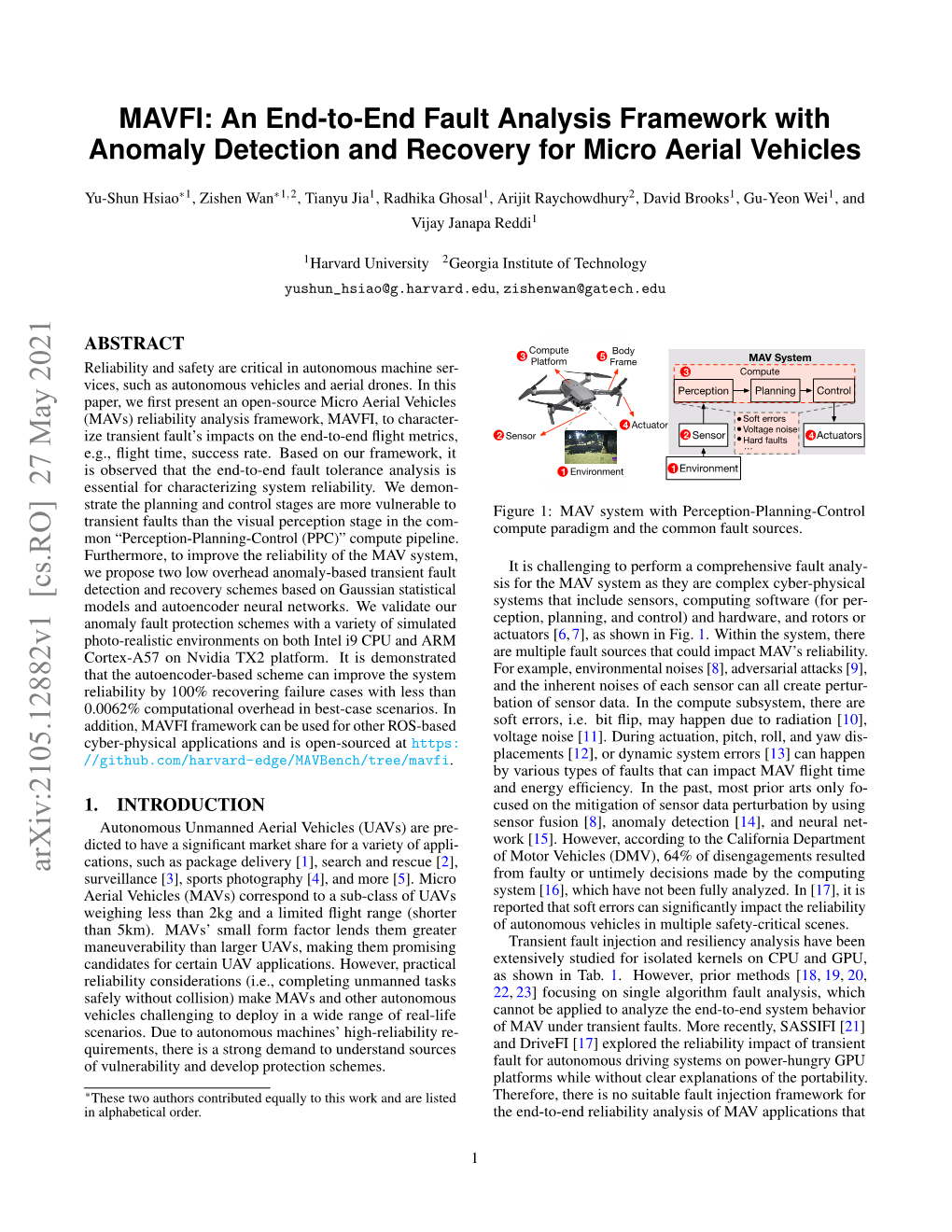 MAVFI: an End-To-End Fault Analysis Framework with Anomaly Detection and Recovery for Micro Aerial Vehicles