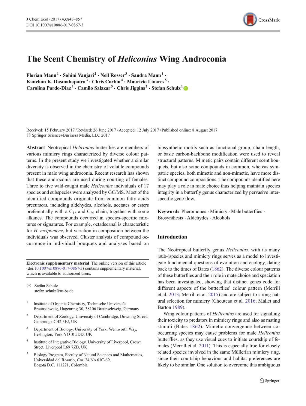 The Scent Chemistry of Heliconius Wing Androconia