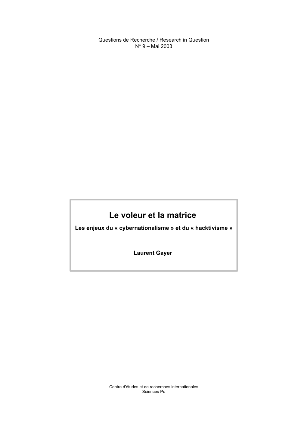 Le Voleur Et La Matrice Les Enjeux Du « Cybernationalisme » Et Du « Hacktivisme »