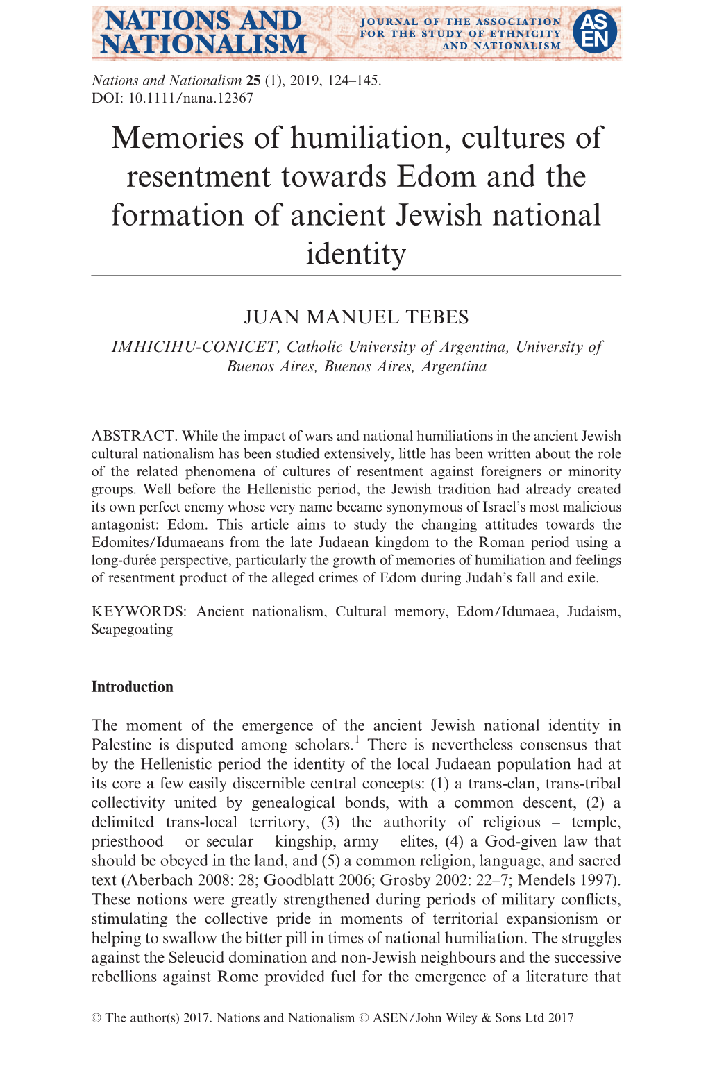 Memories of Humiliation, Cultures of Resentment Towards Edom and the Formation of Ancient Jewish National Identity