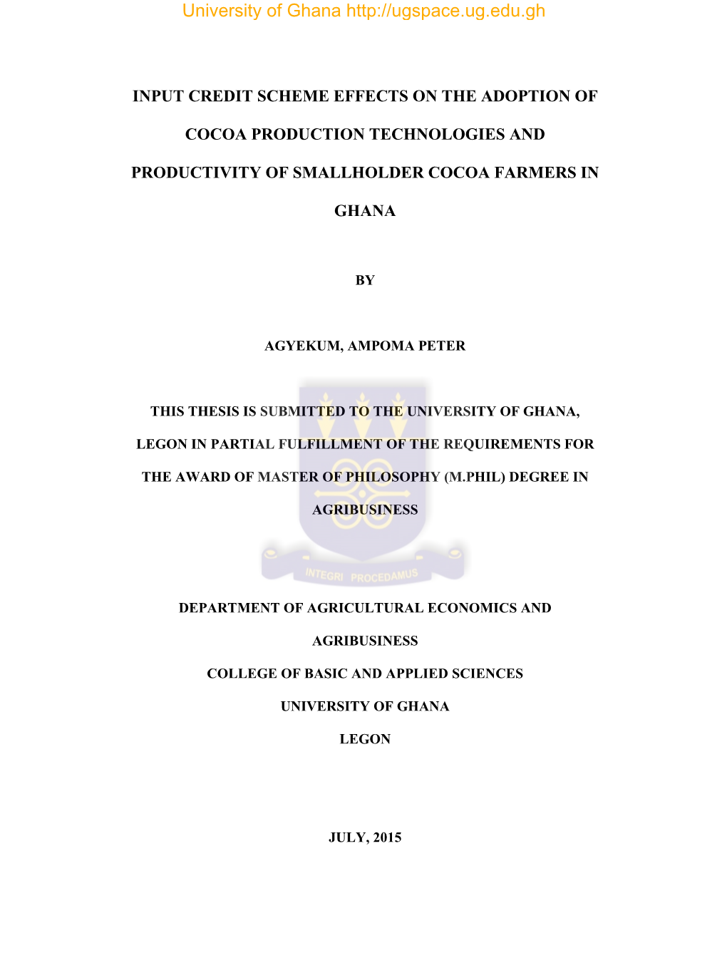 Input Credit Scheme Effects on the Adoption of Cocoa Production Technologies and Productivity Of